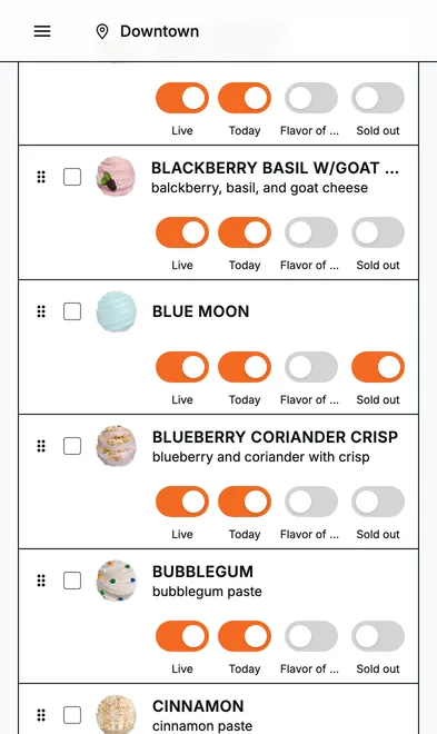 The admin Items list on a phone with Sold out switched on for one flavor