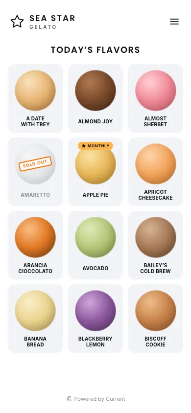 The customer board on a phone: a grid of today’s flavors with one sold out and one marked Flavor of the Month