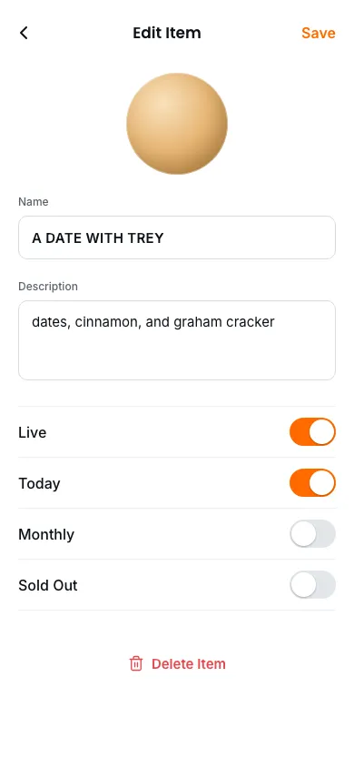 The mobile item editor with a photo, name, description and four toggles