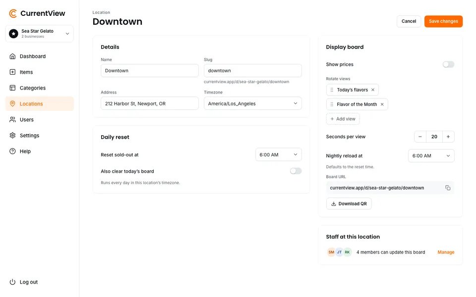 Location settings: details, daily reset, and the display board options